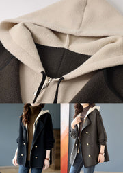 Black Zippered False Two Pieces Patchwork Woolen Coats Hooded