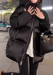 Black Zippered Patchwork Hooded Down Coats Lantern Sleeve