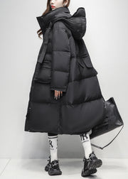 Black Zippered Pockets Duck Down Winter Down Long Coat Hooded