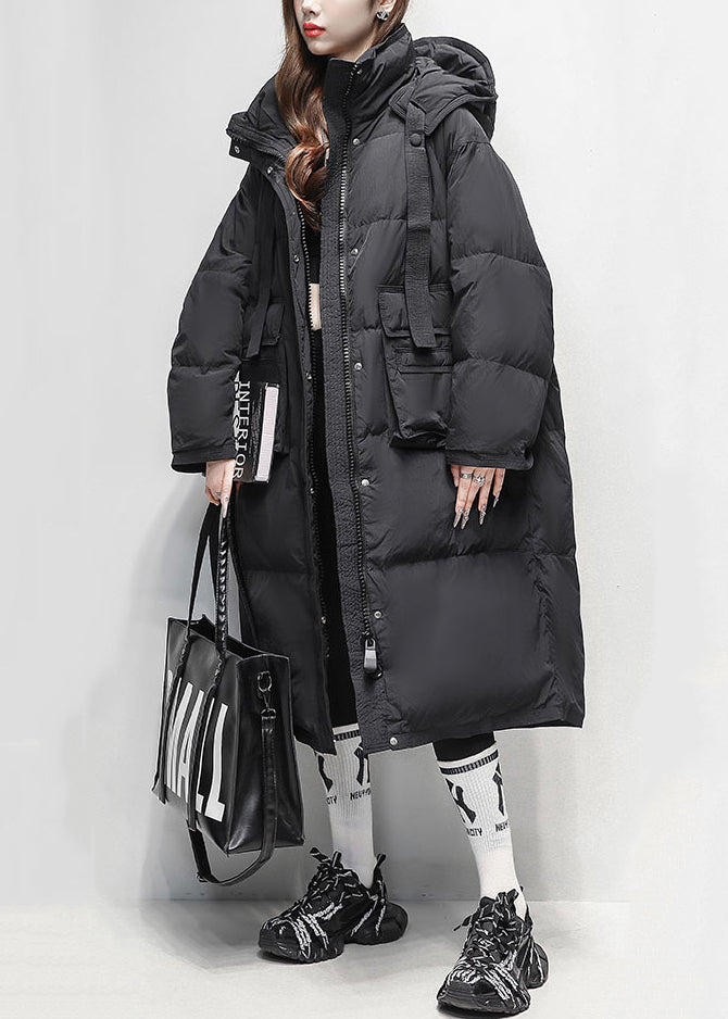 Black Zippered Pockets Duck Down Winter Down Long Coat Hooded