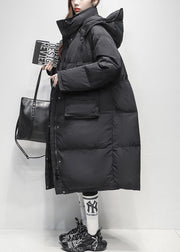 Black Zippered Pockets Duck Down Winter Down Long Coat Hooded