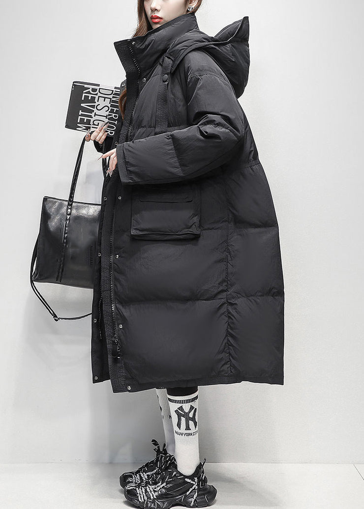 Black Zippered Pockets Duck Down Winter Down Long Coat Hooded