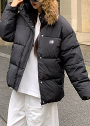 Black Zippered Pockets Patchwork Hooded Parkaer Winter