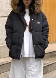 Black Zippered Pockets Patchwork Hooded Parkaer Winter