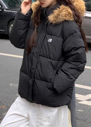 Black Zippered Pockets Patchwork Hooded Parkaer Winter