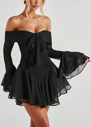 Black Zippered Solid Cotton Mid Dresses Slash Neck Spring