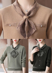 Blackish Green Bow Cozy Cotton Knit Sweater Long Sleeve