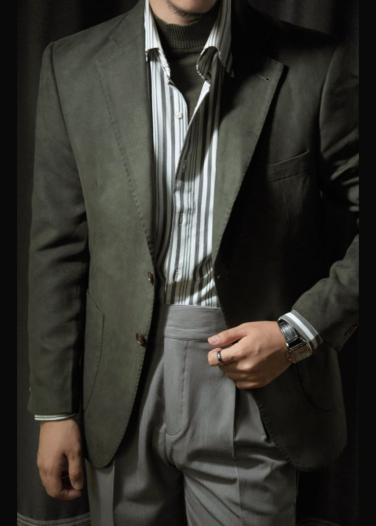 Blackish Green Pockets Faux Suede Mens Coats Peter Pan Collar