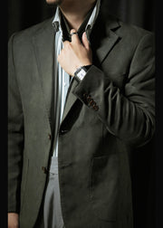 Blackish Green Pockets Faux Suede Mens Coats Peter Pan Collar