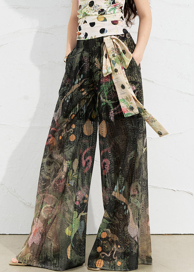 Blackish Green Pockets Lace Up Linen Pants High Waist