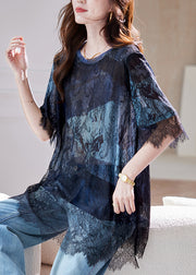 Blue Black Lace Hollow Out Patchwork T-Shirt Summer 2025