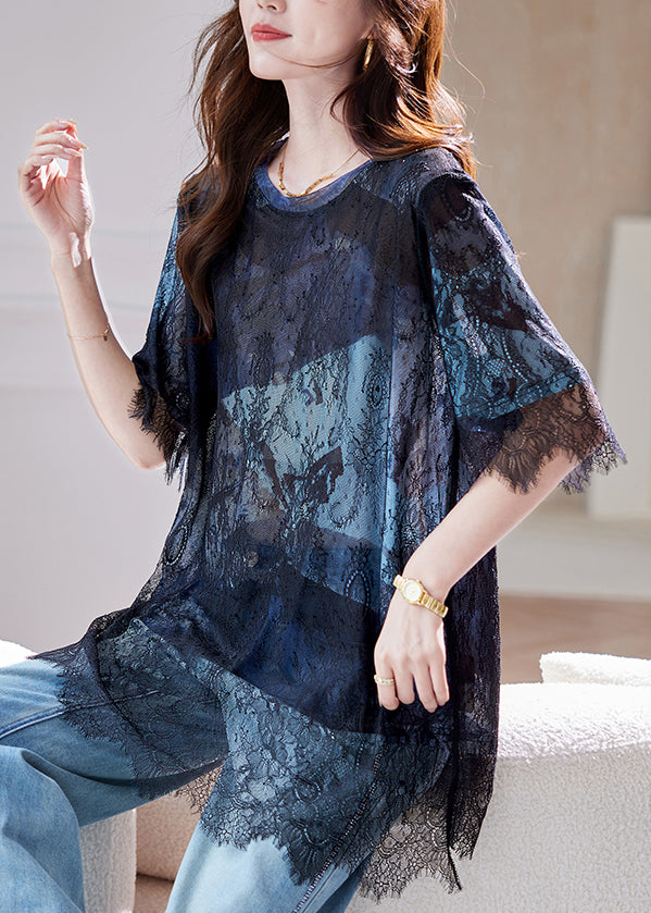 Blue Black Lace Hollow Out Patchwork T-Shirt Summer 2025