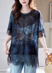 Blue Black Lace Hollow Out Patchwork T-Shirt Summer 2025