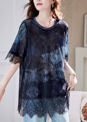 Blue Black Lace Hollow Out Patchwork T-Shirt Summer 2025