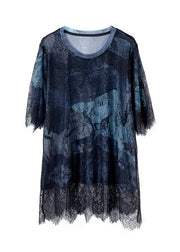 Blue Black Lace Hollow Out Patchwork T-Shirt Summer 2025