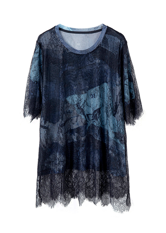 Blue Black Lace Hollow Out Patchwork T-Shirt Summer 2025
