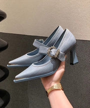 Blue Buckle Strap Splicing Chunky High Heels Pointed Toe