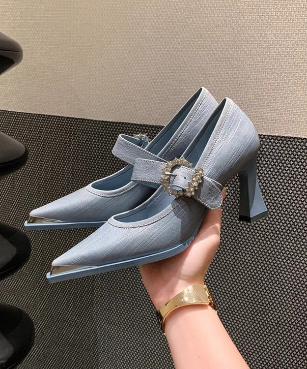 Blue Buckle Strap Splicing Chunky High Heels Pointed Toe