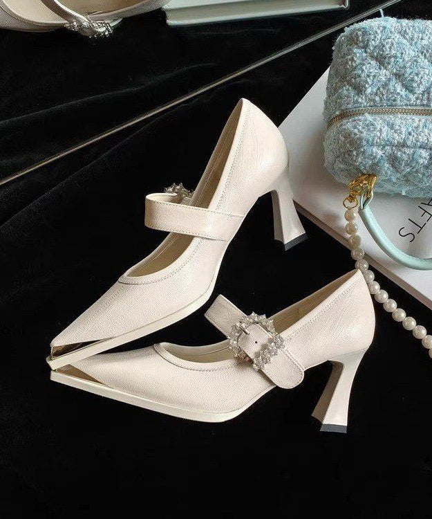 Blue Buckle Strap Splicing Chunky High Heels Pointed Toe