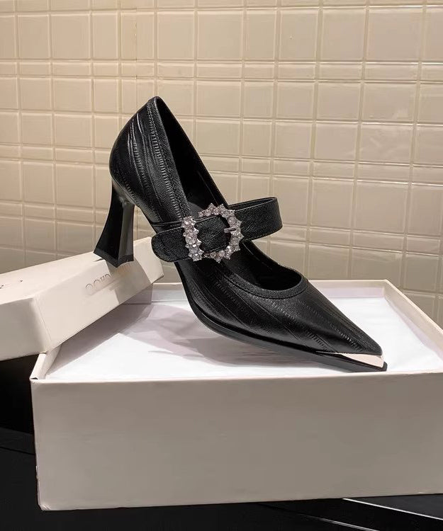 Blue Buckle Strap Splicing Chunky High Heels Pointed Toe