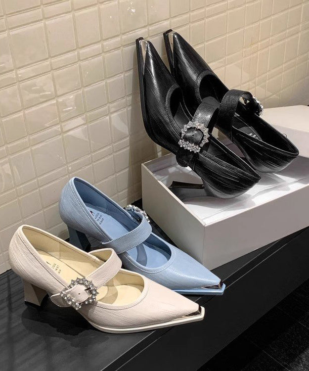 Blue Buckle Strap Splicing Chunky High Heels Pointed Toe