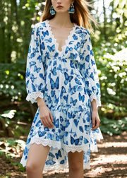 Blue Butterfly Cotton Day Dress Low High Design Bracelet Sleeve