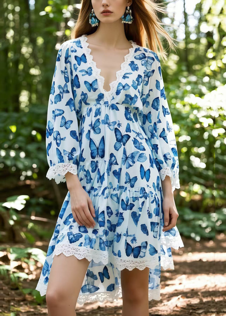 Blue Butterfly Cotton Day Dress Low High Design Bracelet Sleeve