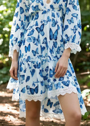 Blue Butterfly Cotton Day Dress Low High Design Bracelet Sleeve