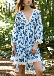 Blue Butterfly Cotton Day Dress Low High Design Bracelet Sleeve