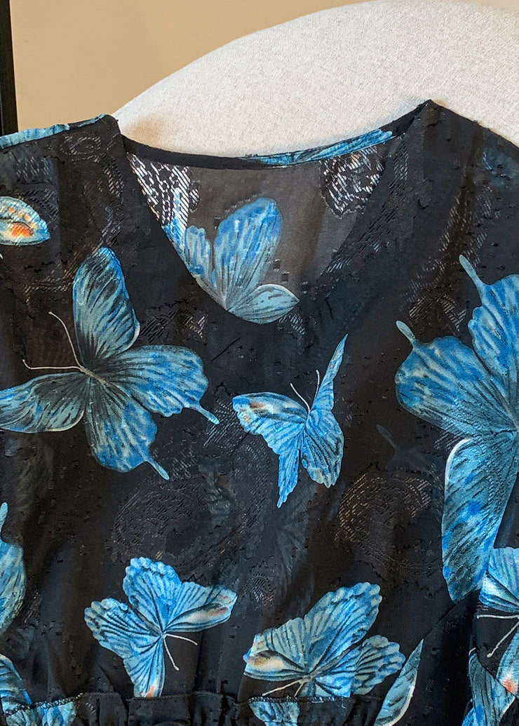 Blue Butterfly Silk Blouse Tops Cinched Summer