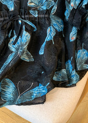 Blue Butterfly Silk Blouse Tops Cinched Summer