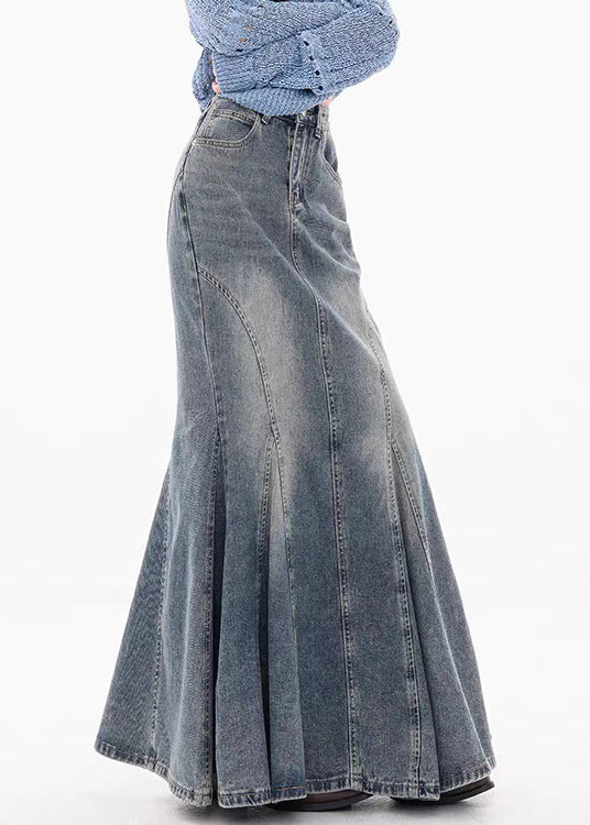 Blue Button Original Design Fishtail Skirts High Waist