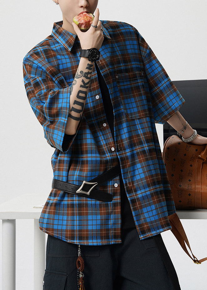Blue Button Plaid Cotton Summer Men Shirts Peter Pan Collar