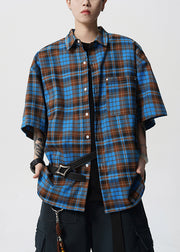 Blue Button Plaid Cotton Summer Men Shirts Peter Pan Collar