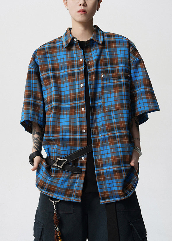 Blue Button Plaid Cotton Summer Men Shirts Peter Pan Collar
