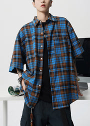 Blue Button Plaid Cotton Summer Men Shirts Peter Pan Collar