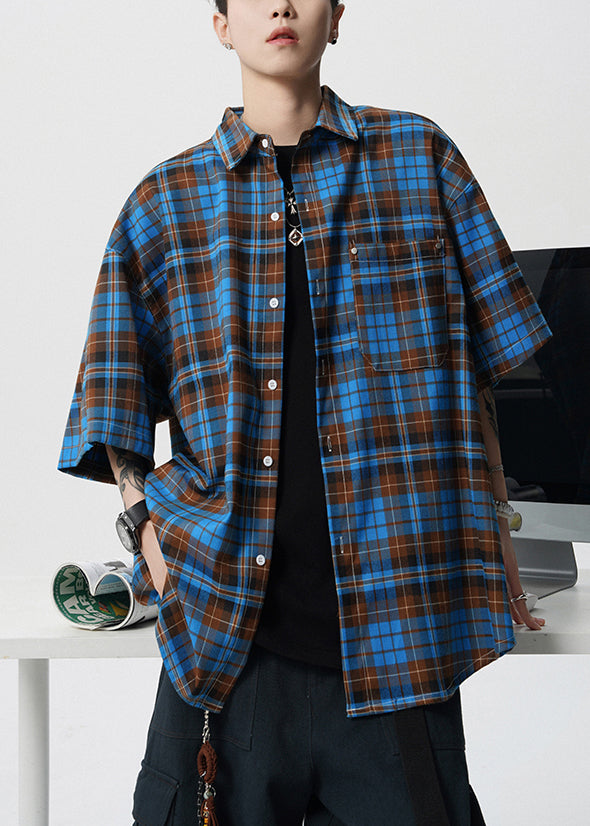 Blue Button Plaid Cotton Summer Men Shirts Peter Pan Collar