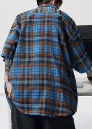Blue Button Plaid Cotton Summer Men Shirts Peter Pan Collar
