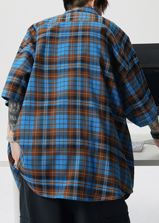 Blue Button Plaid Cotton Summer Men Shirts Peter Pan Collar