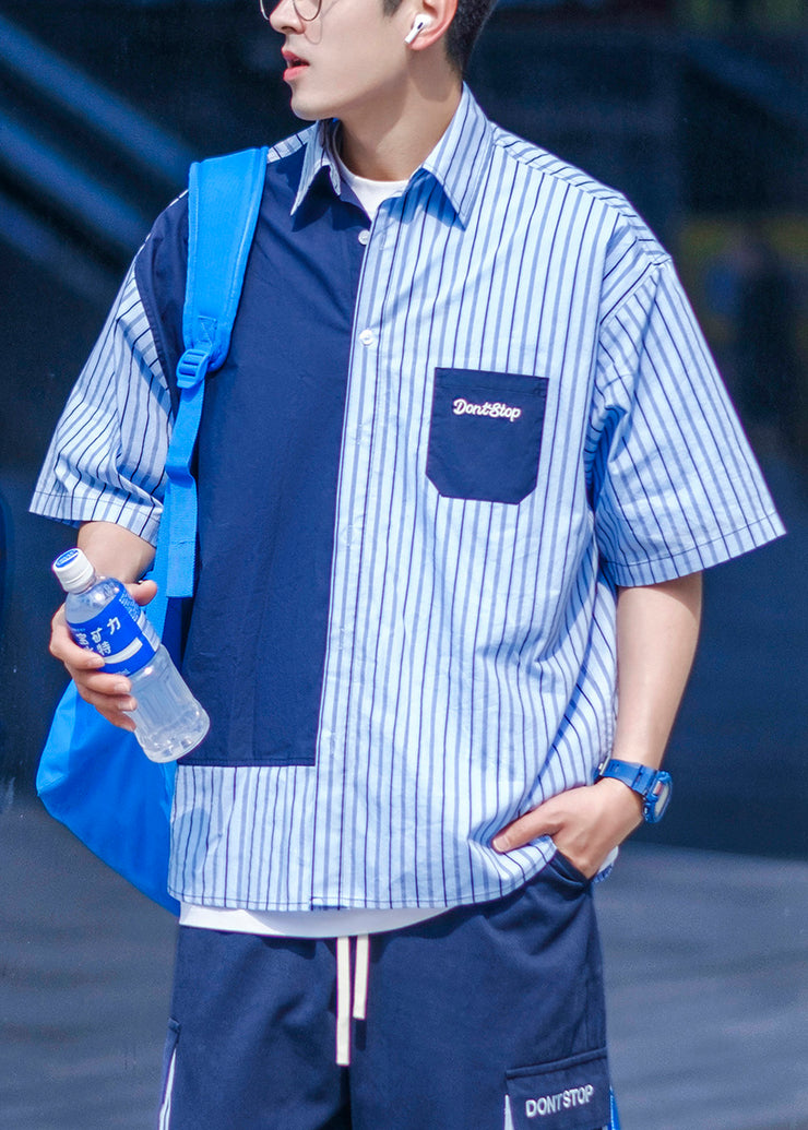 Blue Button Pockets Cotton Men Shirts Asymmetrical Summer