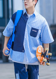 Blue Button Pockets Cotton Men Shirts Asymmetrical Summer