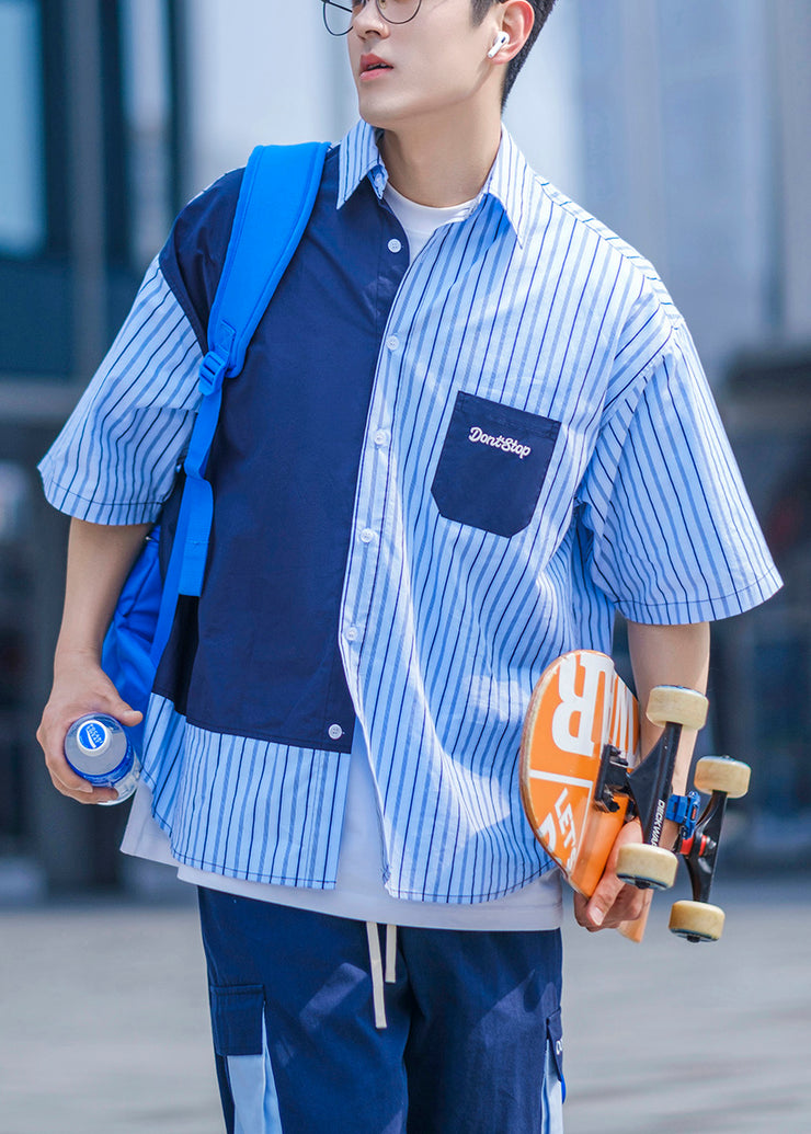 Blue Button Pockets Cotton Men Shirts Asymmetrical Summer