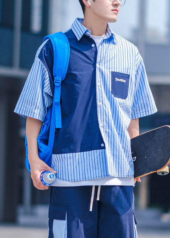 Blue Button Pockets Cotton Men Shirts Asymmetrical Summer