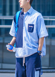 Blue Button Pockets Cotton Men Shirts Asymmetrical Summer
