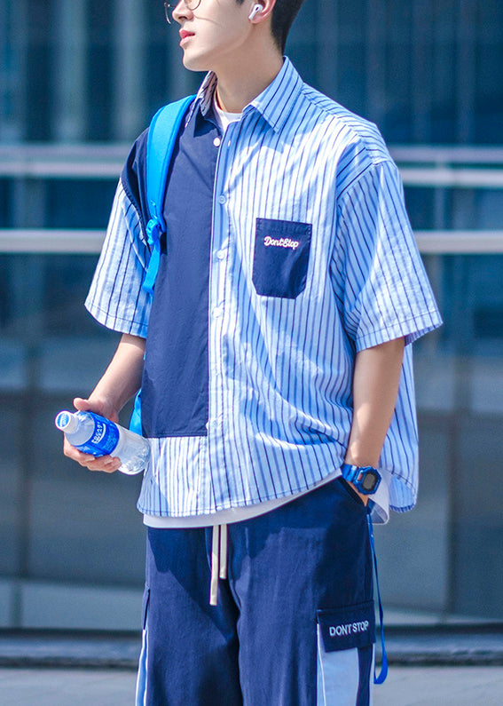 Blue Button Pockets Cotton Men Shirts Asymmetrical Summer