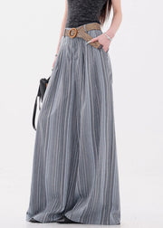 Blue Button Pockets Cotton Wide Leg Pants Elastic Waist