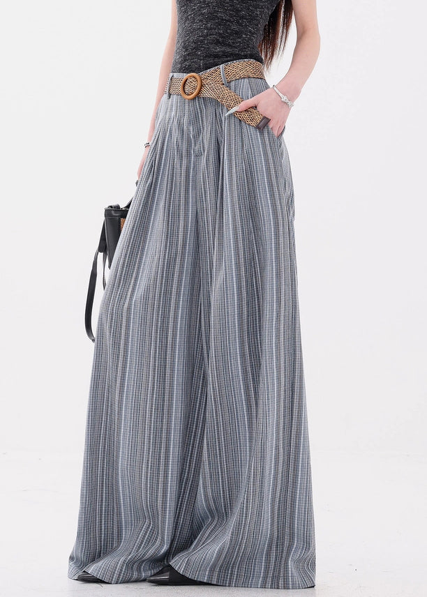 Blue Button Pockets Cotton Wide Leg Pants Elastic Waist
