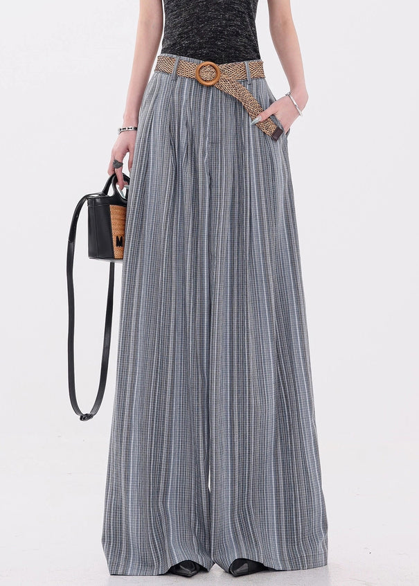 Blue Button Pockets Cotton Wide Leg Pants Elastic Waist