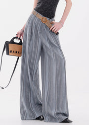 Blue Button Pockets Cotton Wide Leg Pants Elastic Waist