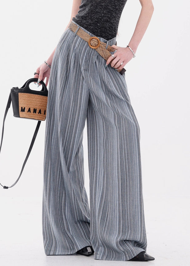 Blue Button Pockets Cotton Wide Leg Pants Elastic Waist